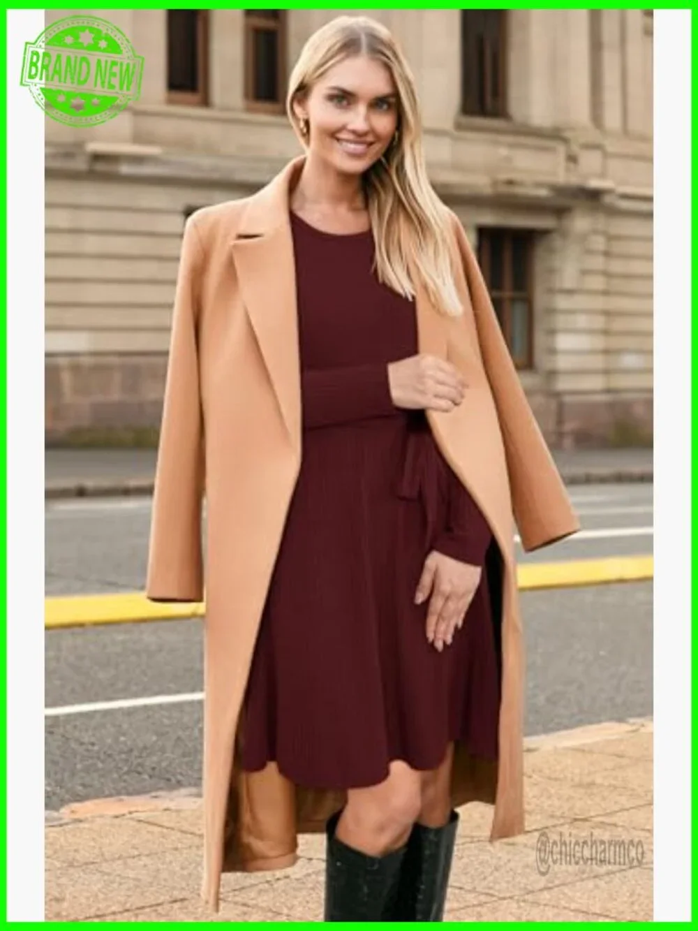 Long Sleeve Knit Sweater Dress with Pockets, Belted Waist, Work Casual - Picture 4 of 7